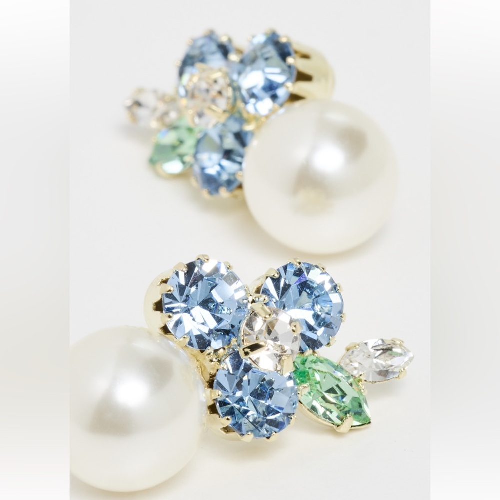 Jennifer Behr Blue, Green and Pearl Crystal Cluster Earrings - Picture 3 of 10